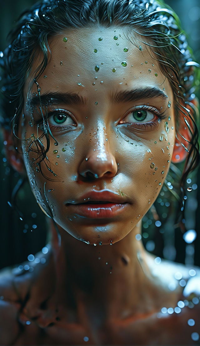 High-resolution portrait of a young woman with piercing green eyes and water droplets on her skin, her wet, dark hair against a soft, dark background, lit by natural light.