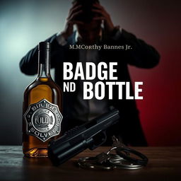 A police badge, a liquor bottle, a service gun, and handcuffs are displayed prominently in the foreground
