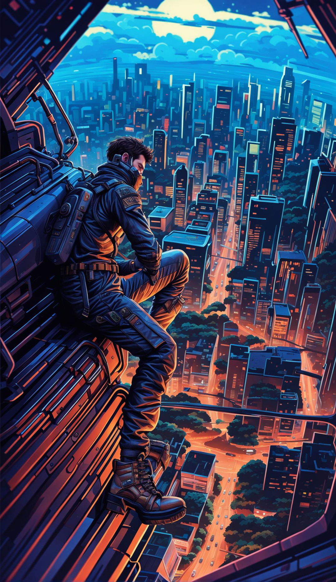 Futuristic pilot in olive drab flight suit and tan boots, lounging on a sleek blue spacecraft above a neon-lit cyberpunk cityscape during golden hour.