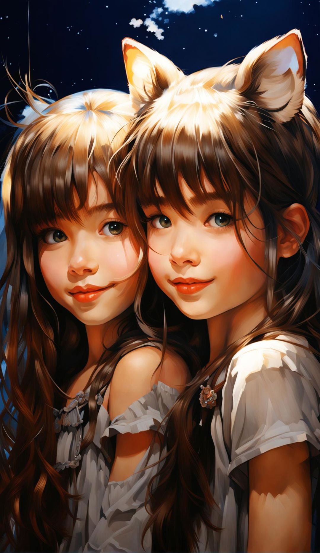 Hyperrealistic portrait of two young girls, one with cat ears and blue eyes, the other with long brown hair, both smiling softly against a twilight sky with billowing clouds and stars.