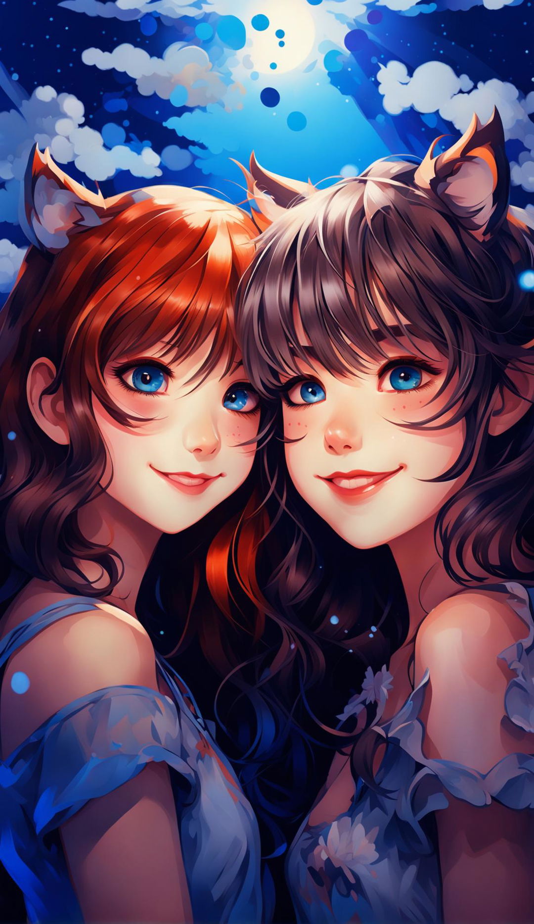 Fine art double portrait of friends, one with cat ears and blue eyes, the other with glossy brunette hair, both smiling warmly against a dusk to night sky gradient.