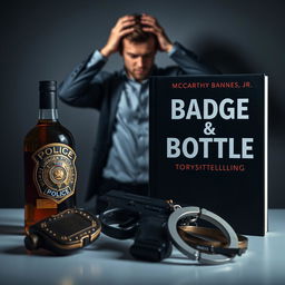 A police badge, a liquor bottle, a service gun, and handcuffs artistically arranged in the foreground