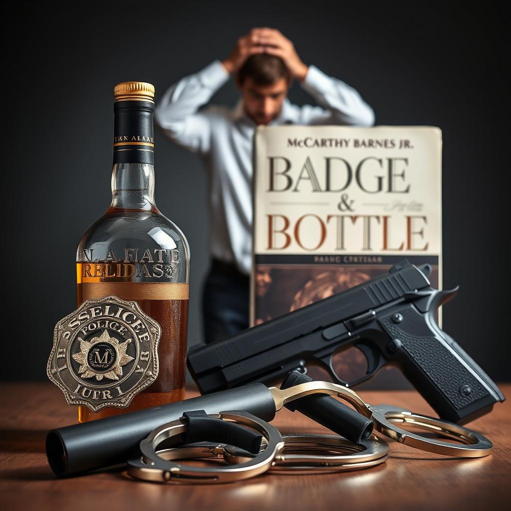 A police badge, a liquor bottle, a service gun, and handcuffs artistically arranged in the foreground