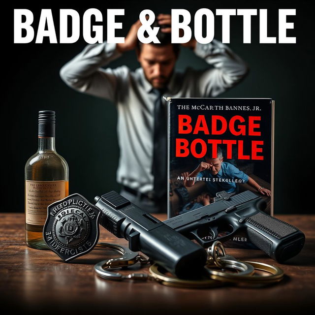 A police badge, a liquor bottle, a service gun, and handcuffs artistically arranged in the foreground