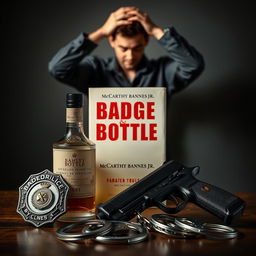 A police badge, a liquor bottle, a service gun, and handcuffs artistically arranged in the foreground