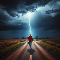 A dramatic scene depicting a lightning strike illuminating a rural crossroad