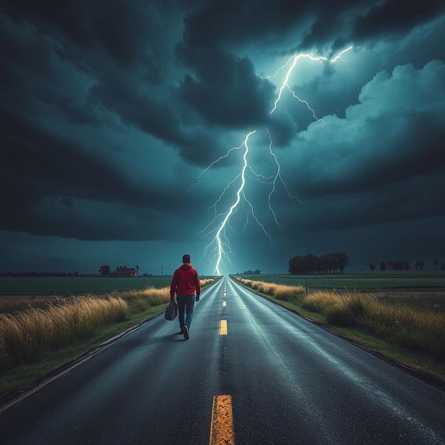 A dramatic scene depicting a lightning strike illuminating a rural crossroad