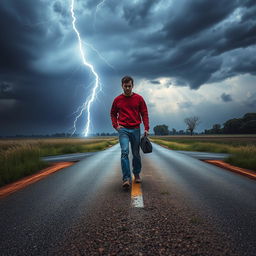 A dramatic scene depicting a lightning strike illuminating a rural crossroad
