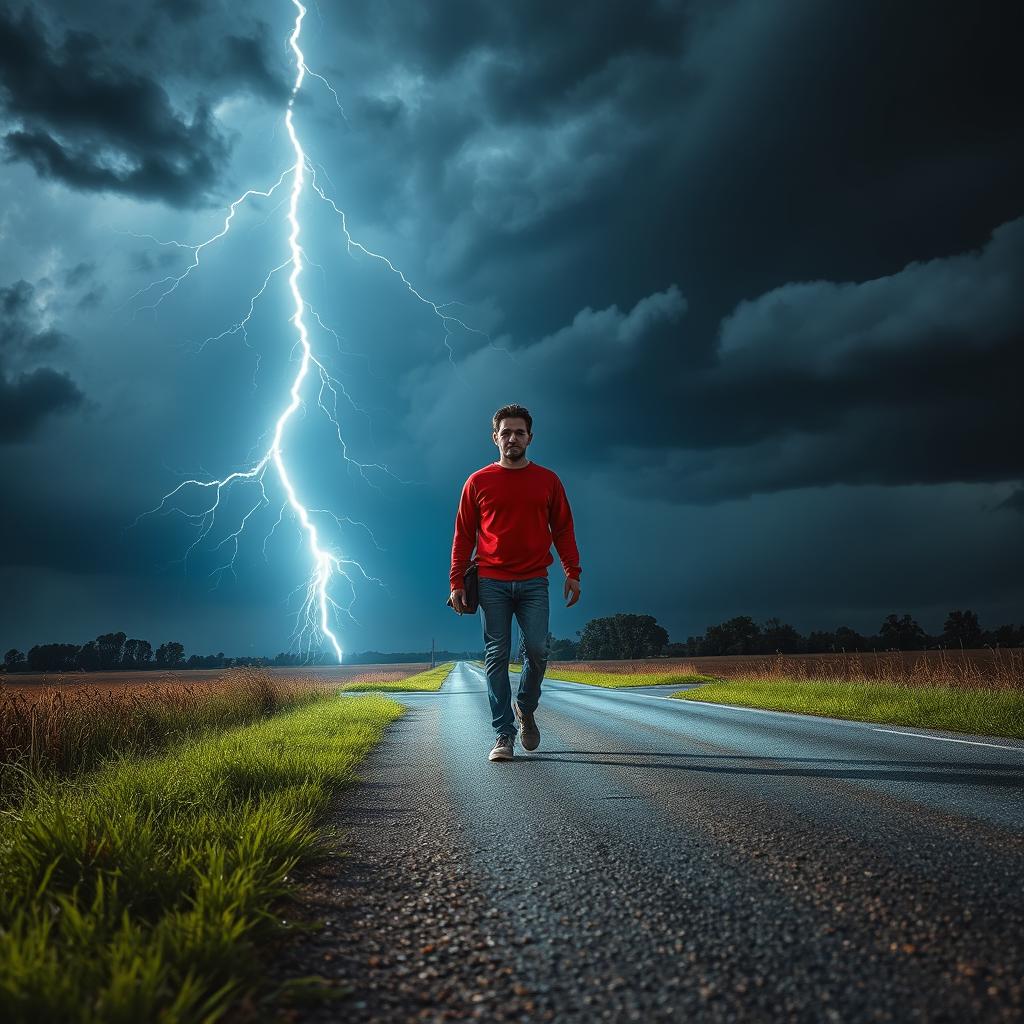 A dramatic scene depicting a lightning strike illuminating a rural crossroad