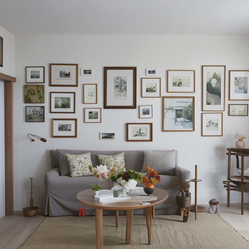 A tastefully decorated living room with various framed photos on the walls creating a personal and homely atmosphere