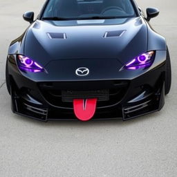 A black Mazda Miata with its headlights removed, showcasing purple headlights in a striking design