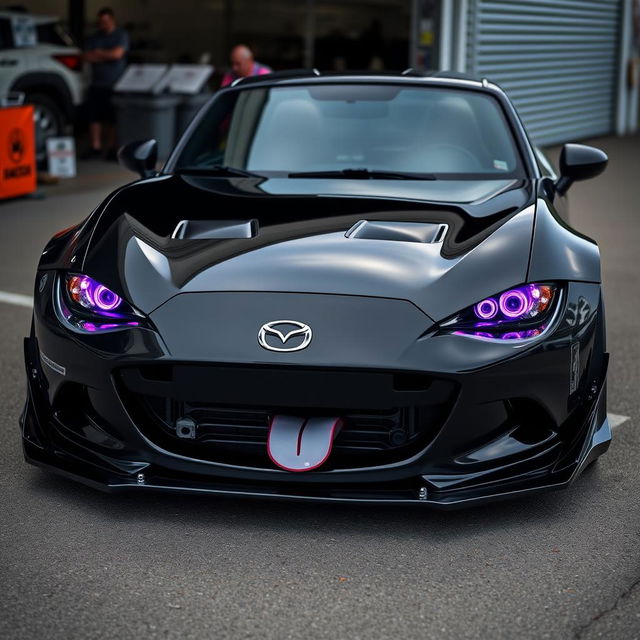 A black Mazda Miata with its headlights removed, showcasing purple headlights in a striking design