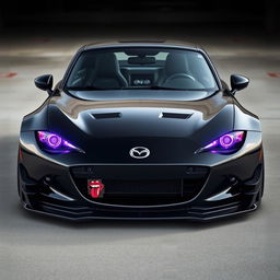 A black Mazda Miata with its headlights removed, showcasing purple headlights in a striking design