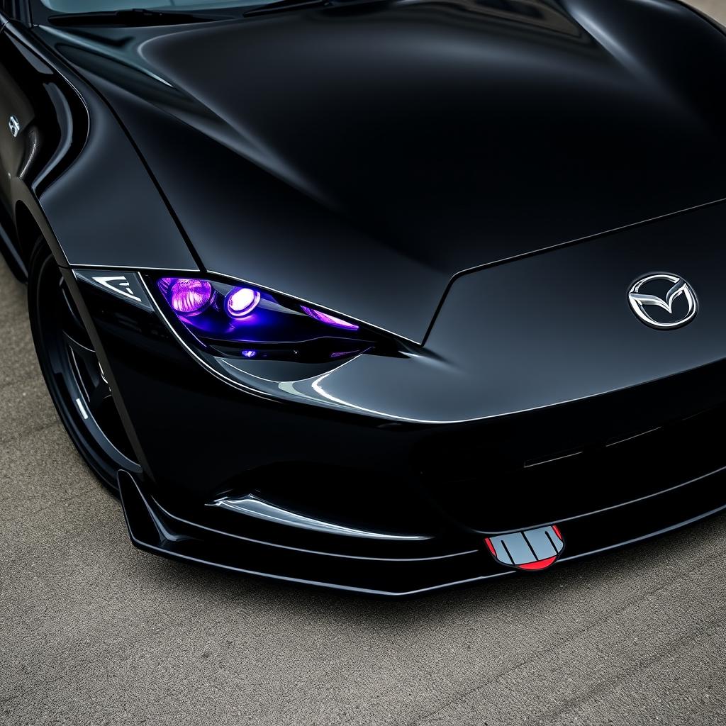 A black Mazda Miata with its headlights removed, showcasing purple headlights in a striking design