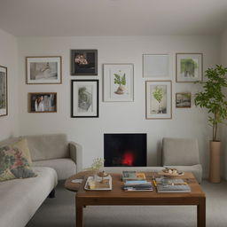 A tastefully decorated living room with various framed photos on the walls creating a personal and homely atmosphere