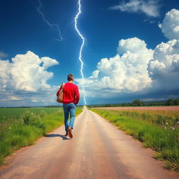 A vivid summer scene capturing lightning striking over a rural crossroad