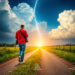 A vivid summer scene capturing lightning striking over a rural crossroad