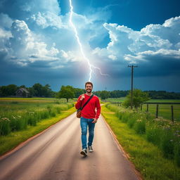 A vivid summer scene capturing lightning striking over a rural crossroad