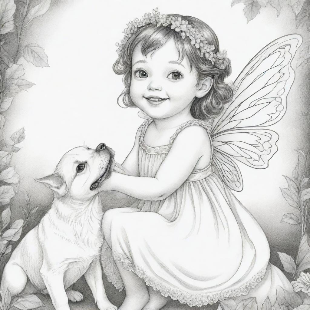 Two-dimensional black and white coloring page of a fairy with Down syndrome face, joyfully playing with a dog.