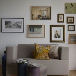 A tastefully decorated living room with various framed photos on the walls creating a personal and homely atmosphere