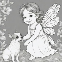 Two-dimensional black and white coloring page of a fairy with Down syndrome face, joyfully playing with a dog.