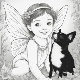 Two-dimensional black and white coloring page of a fairy with Down syndrome face, joyfully playing with a dog.