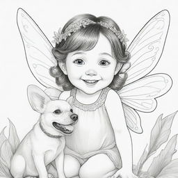 Two-dimensional black and white coloring page of a fairy with Down syndrome face, joyfully playing with a dog.