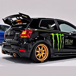 A highly customized black Polo car, fully tuned with an impressive rear spoiler and striking golden rims