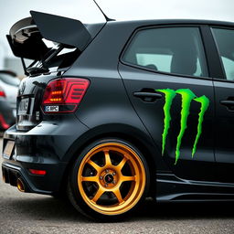 A highly customized black Polo car, fully tuned with an impressive rear spoiler and striking golden rims