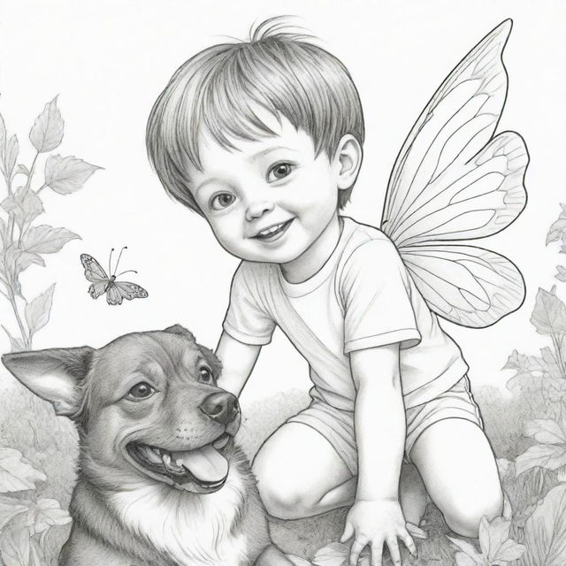 Two-dimensional black and white coloring page of a fairy boy with Down syndrome face, joyfully playing with a dog.