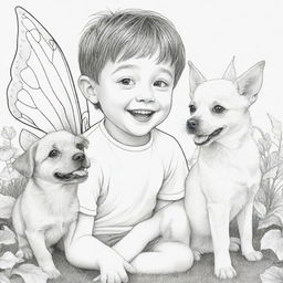 Two-dimensional black and white coloring page of a fairy boy with Down syndrome face, joyfully playing with a dog.