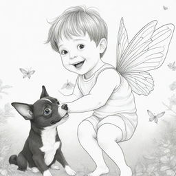 Two-dimensional black and white coloring page of a fairy boy with Down syndrome face, joyfully playing with a dog.