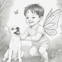 Two-dimensional black and white coloring page of a fairy boy with Down syndrome face, joyfully playing with a dog.