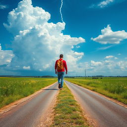 A captivating summer scene showcasing lightning in the heavens above a rural crossroad
