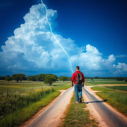 A captivating summer scene showcasing lightning in the heavens above a rural crossroad