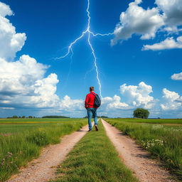 A captivating summer scene showcasing lightning in the heavens above a rural crossroad