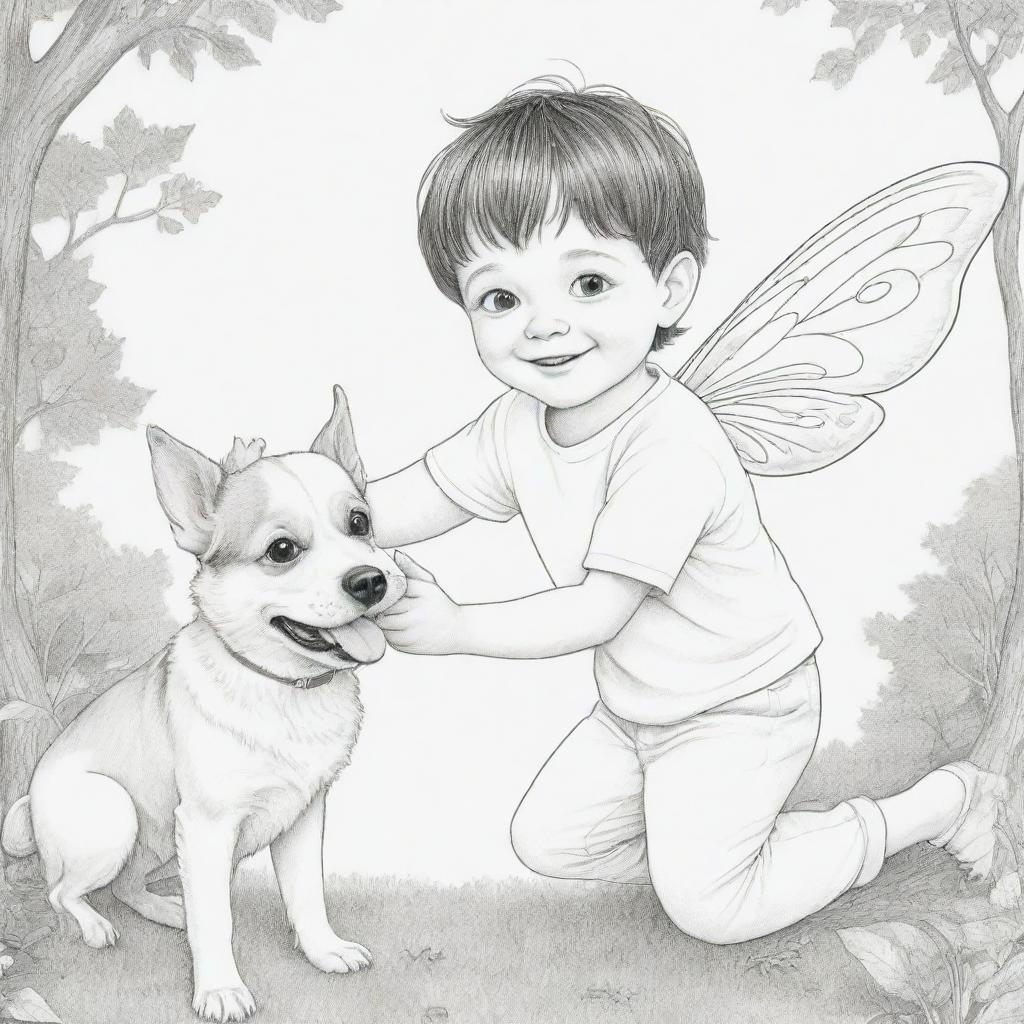 Two-dimensional black and white coloring page of a fairy boy with Down syndrome eyes joyfully playing with a dog.