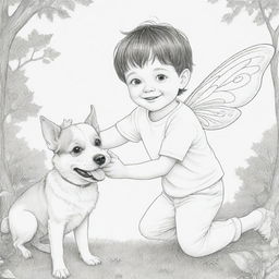 Two-dimensional black and white coloring page of a fairy boy with Down syndrome eyes joyfully playing with a dog.