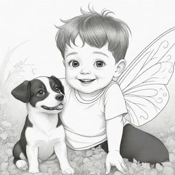 Two-dimensional black and white coloring page of a fairy boy with Down syndrome eyes joyfully playing with a dog.