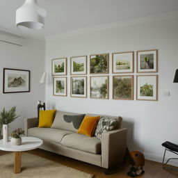 A tastefully decorated living room with various framed photos on the walls creating a personal and homely atmosphere