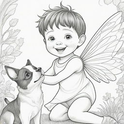 Two-dimensional black and white coloring page of a fairy boy with Down syndrome eyes joyfully playing with a dog.