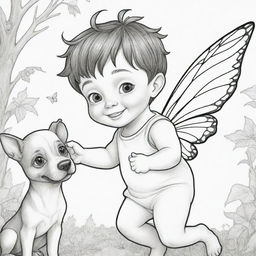 Two-dimensional black and white coloring page of a fairy boy with Down syndrome eyes joyfully playing with a dog.