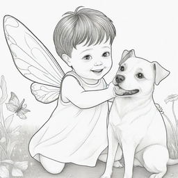 Two-dimensional black and white coloring page of a fairy boy with Down syndrome eyes joyfully playing with a dog.