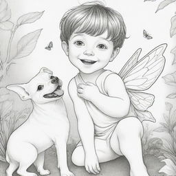 Two-dimensional black and white coloring page of a fairy boy with Down syndrome eyes joyfully playing with a dog.