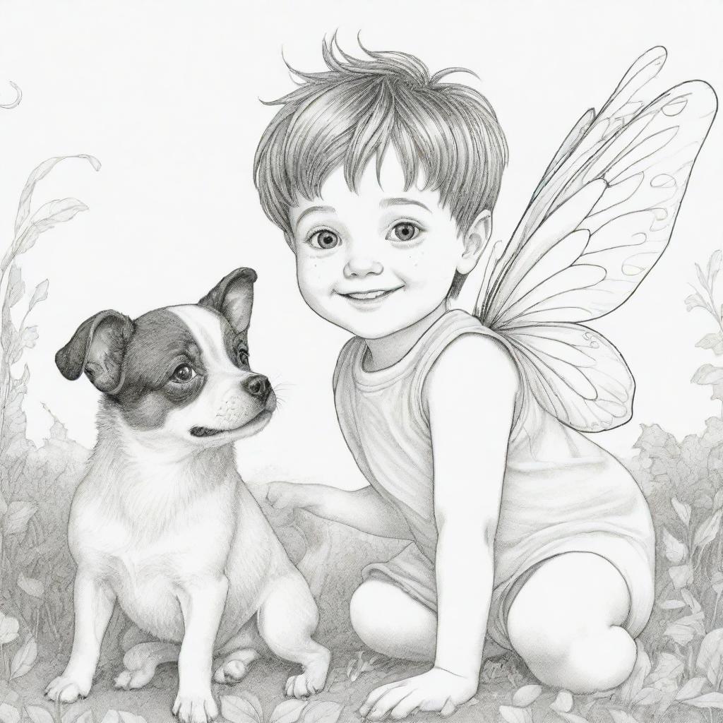 Two-dimensional black and white coloring page of a fairy boy with Down syndrome eyes joyfully playing with a dog.