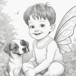 Two-dimensional black and white coloring page of a fairy boy with Down syndrome eyes joyfully playing with a dog.