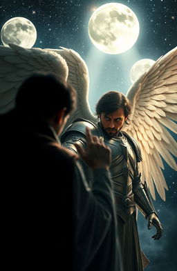 A dramatic scene featuring a man bathed in shadows, extending his hand toward a female angel clad in shining armor