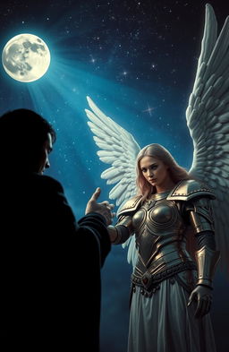 A dramatic scene featuring a man bathed in shadows, extending his hand toward a female angel clad in shining armor