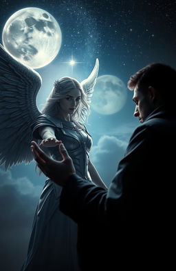 A dramatic scene featuring a man bathed in shadows, extending his hand toward a female angel clad in shining armor