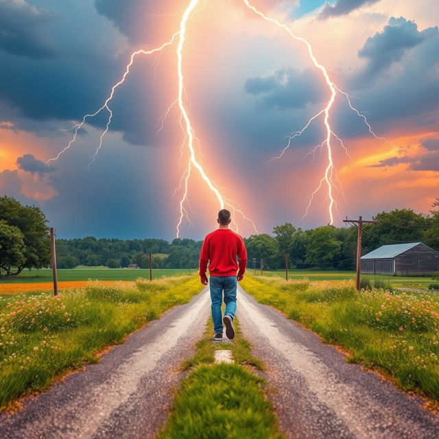 A vibrant summer scene featuring AI-style lightning in the heavens above a rural crossroad